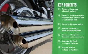 Shiny exhaust pipes with cleaning benefits list.