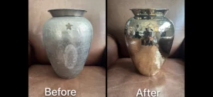 Tarnished vase before, polished vase after.