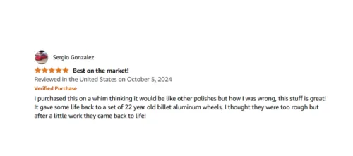 Five-star review praising aluminum wheel polish effectiveness.